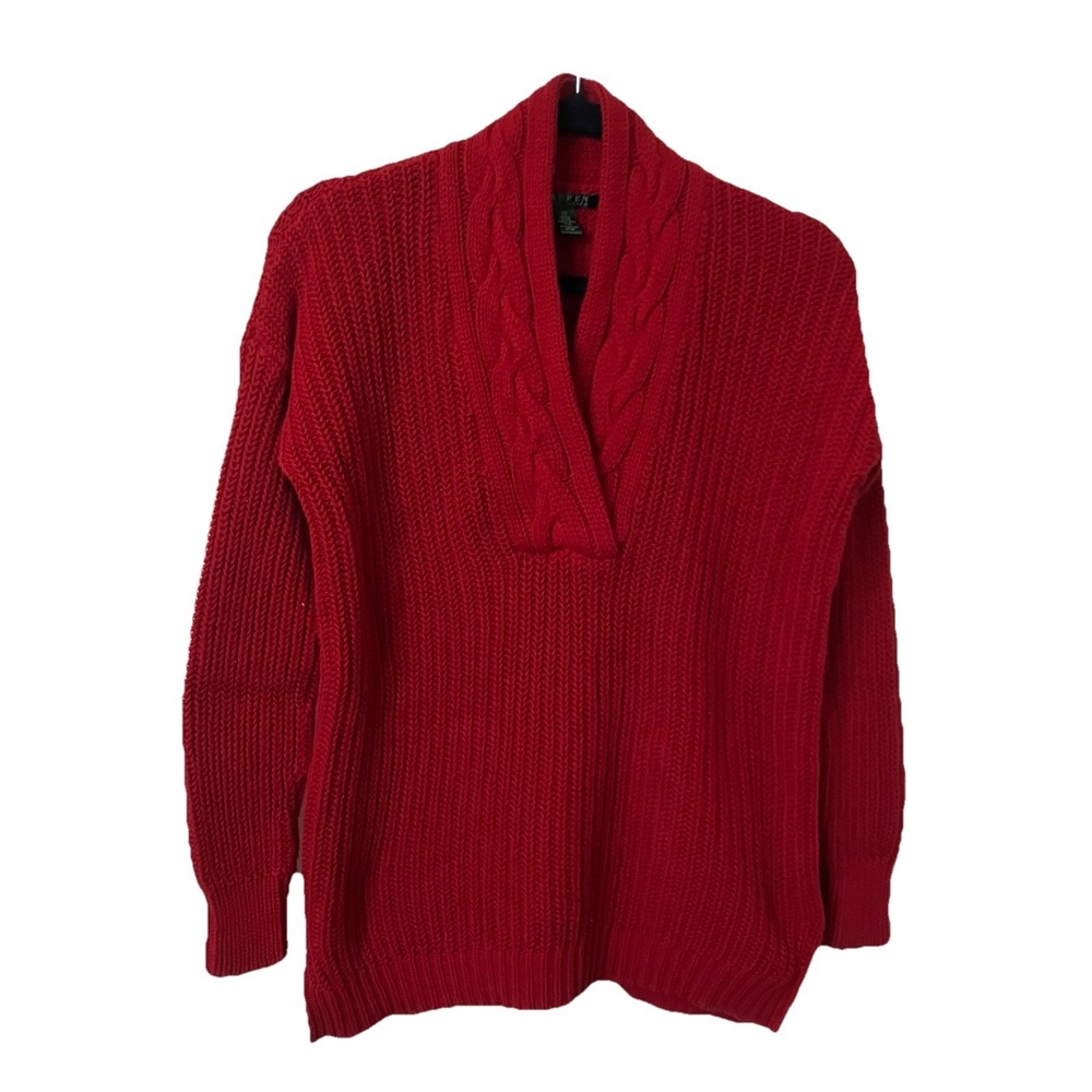 Lauren Ralph Lauren Red Shaker Cable Knit Shawl Neck Cotton Sweater XS